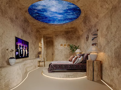 Hotel Room Interior With Starry Sky Ceiling Earthy Walls Bed TV And Green Plants 3d model