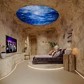 Hotel Room Interior With Starry Sky Ceiling Earthy Walls Bed TV And Green Plants