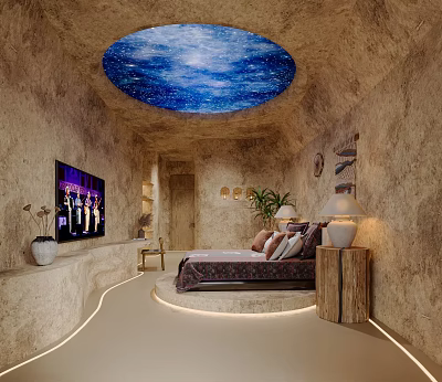 Hotel Room Interior With Starry Sky Ceiling Earthy Walls Bed TV And Green Plants 3d model