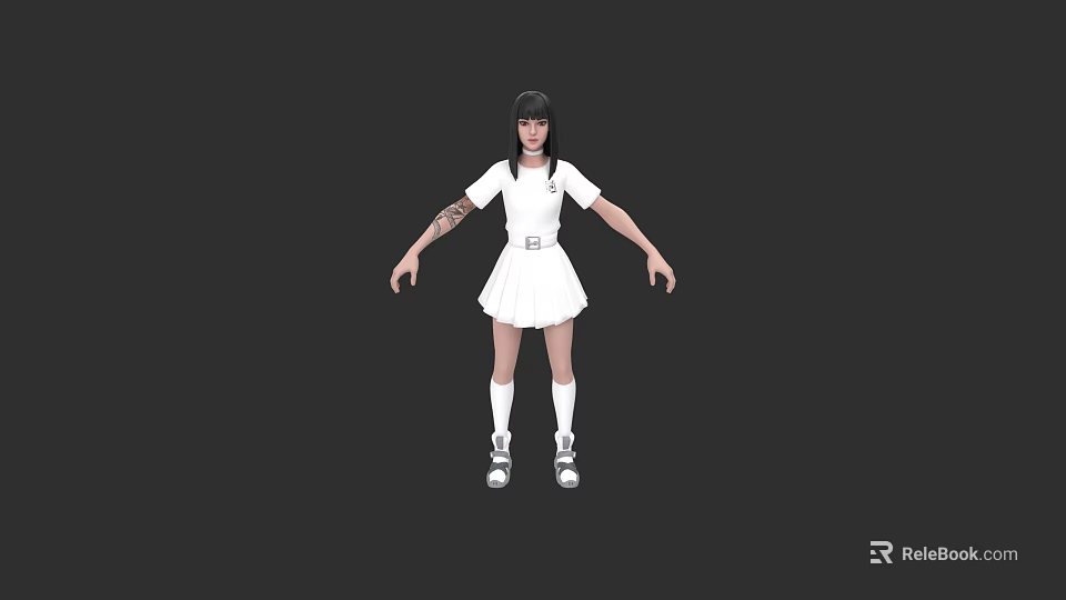 Game Movie Character With Short Black Hair White Dress Arm Tattoos White Socks And Shoes 3d model 