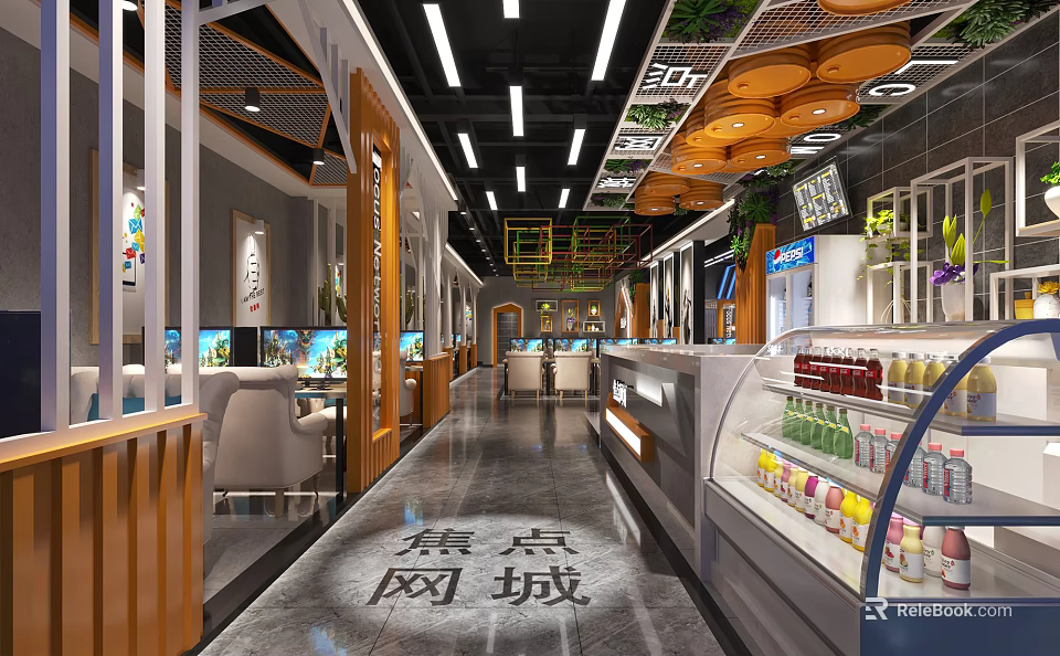Spacious Modern Internet Cafe Interior With Gaming Computers And Beverage Counter 3d model