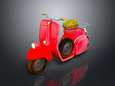 Red Vintage Scooter with Yellow Green Checkered Seat and Glossy Reflection on Dark Background 3d model