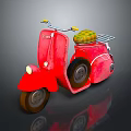 Red Vintage Scooter with Yellow Green Checkered Seat and Glossy Reflection on Dark Background