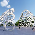 Modern Outdoor Pergola Featuring Circular Ring Structure Greenery And Pedestrians 3d model