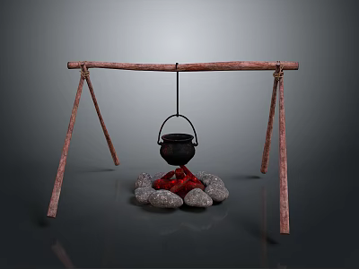 Wooden Tripod Structure With Hanging Cauldron Over Stone Fire Pit 3d model