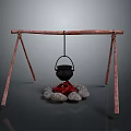 Wooden Tripod Structure With Hanging Cauldron Over Stone Fire Pit