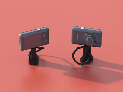 Two Digital Cameras Mounted on Tripods Against Red Background for Photography 3d model