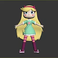 Cute Game Movie Character with Long Yellow Hair Green Dress Pink Stockings and Red Horns