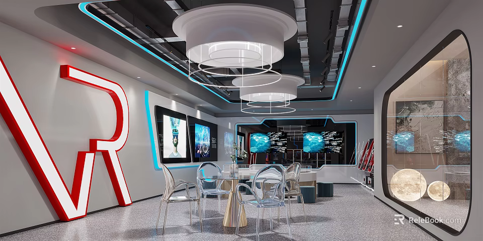 Modern Showroom Interior With Neon Blue Lighting Circular Ceiling Lights Transparent Furniture And Large Screens 3d model 