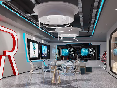 Modern Showroom Interior With Neon Blue Lighting Circular Ceiling Lights Transparent Furniture And Large Screens 3d model