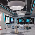 Modern Showroom Interior With Neon Blue Lighting Circular Ceiling Lights Transparent Furniture And Large Screens