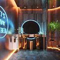 Futuristic Public Restroom Interior With Circular Lights Blue Orange Illumination And Metallic Walls