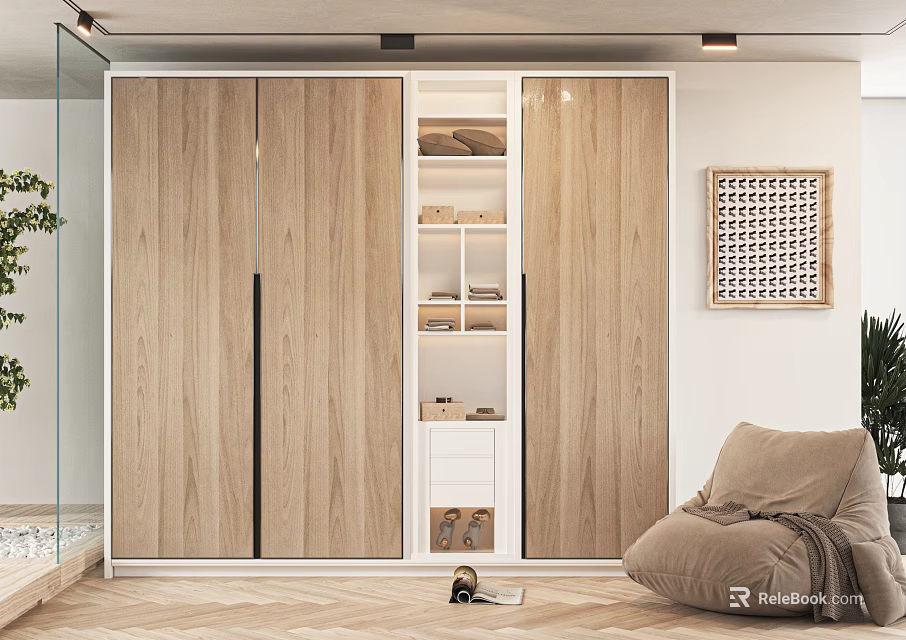 Elegant Modern Wardrobe With Wooden Sliding Doors Open Shelves And White Storage Drawers 3d model 