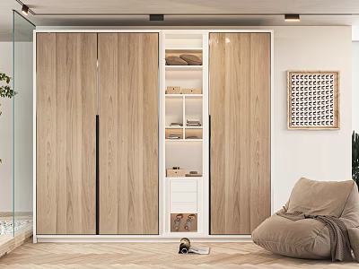 Elegant Modern Wardrobe With Wooden Sliding Doors Open Shelves And White Storage Drawers 3d model