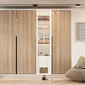 Elegant Modern Wardrobe With Wooden Sliding Doors Open Shelves And White Storage Drawers