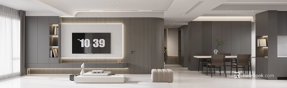 Modern Living And Dining Room Interior Design With TV Wall Gray Walls And White Furniture 3d model 