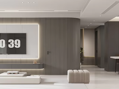 Modern Living And Dining Room Interior Design With TV Wall Gray Walls And White Furniture 3d model