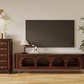 Modern Wooden TV Stand With Wall Mounted TV Wooden Dresser And Potted Plant
