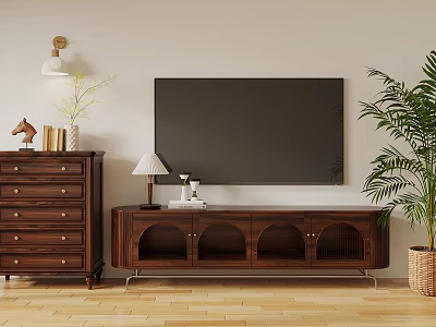 Modern Wooden TV Stand With Wall Mounted TV Wooden Dresser And Potted Plant 3d model