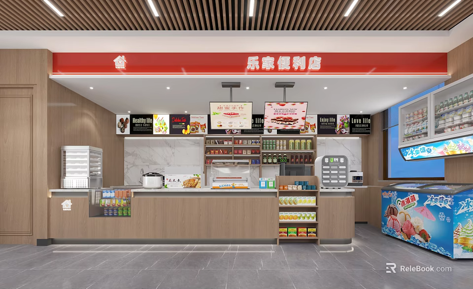 Convenience Store Interior Featuring Shelves Beverages Food Items Checkout Counter And Ice Cream 3d model 