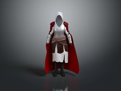 Medieval Warrior Costume Featuring Silver Armor Red Cape And White Hood 3d model