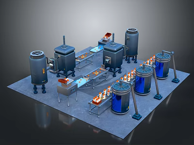 Industrial Production System Layout With Large Tanks Conveyor Belts And Pipes 3d model