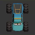 Blue Toy Monster Truck With Large Tires Flame Decals And Cartoon Eyes
