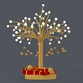Decorative Wooden Tree With White Spherical Ornaments Golden Hanging Decorations And Gift Boxes At Base