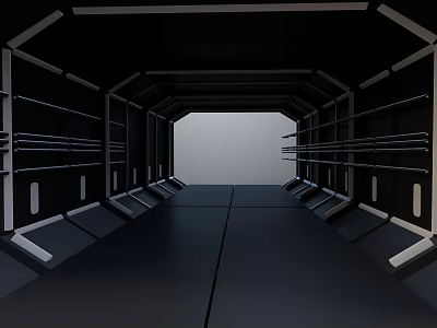 Cartoon Sci Fi Corridor With Metallic Shelves Walls Dark Floor And Bright End Glow 3d model