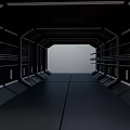 Cartoon Sci Fi Corridor With Metallic Shelves Walls Dark Floor And Bright End Glow