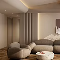 Modern Cozy Living Room Interior With Curved Sofa Round Coffee Table And Decorative Artwork