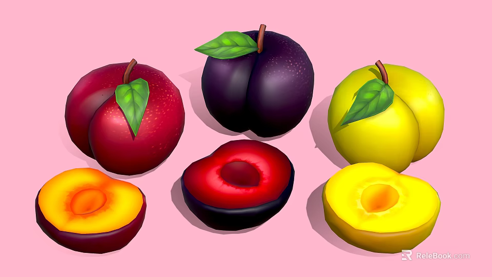 Fresh red purple yellow plums whole and sliced with green leaves on pink background 3d model 