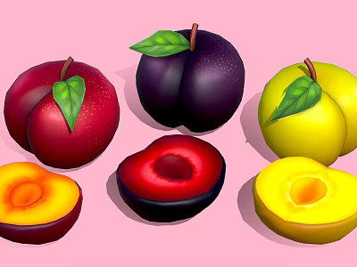 Fresh red purple yellow plums whole and sliced with green leaves on pink background 3d model