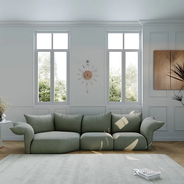 Light Green Sectional Sofa in Bright Interior with Windows Sun-shaped Clock Wooden Art and Plants 3d model 