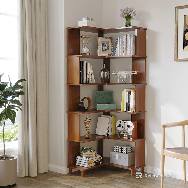 Multilayer Wooden Bookshelf Holding Books Photo Frame And Decorative Items In Bright Room 3d model 