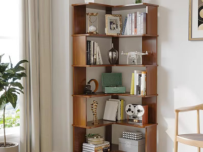 Multilayer Wooden Bookshelf Holding Books Photo Frame And Decorative Items In Bright Room 3d model