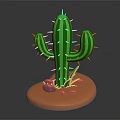 3D Rendered Green Cactus Desert Plant Natural Scene With Orange Base Stones And Grass Blades