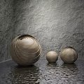 Wooden Spherical Sculpture Carving With Striped Spiral Texture On Water Surface Against Gray Textured Wall