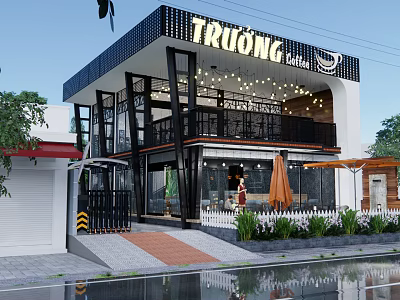TRUONG Building Exterior Two Story Glass Facade Black Frame Orange Umbrellas Green Plants White Fence 3d model