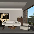 Japanese Style Living Room with White Sofa Wooden Coffee Table Screen Sliding Doors Natural Light