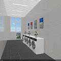 Laundry Room Interior With Washing Machines Flower Vases Posters And Bright Window