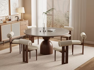 Modern Round Dining Table With Wooden Pedestal And Four Upholstered Chairs On Area Rug 3d model