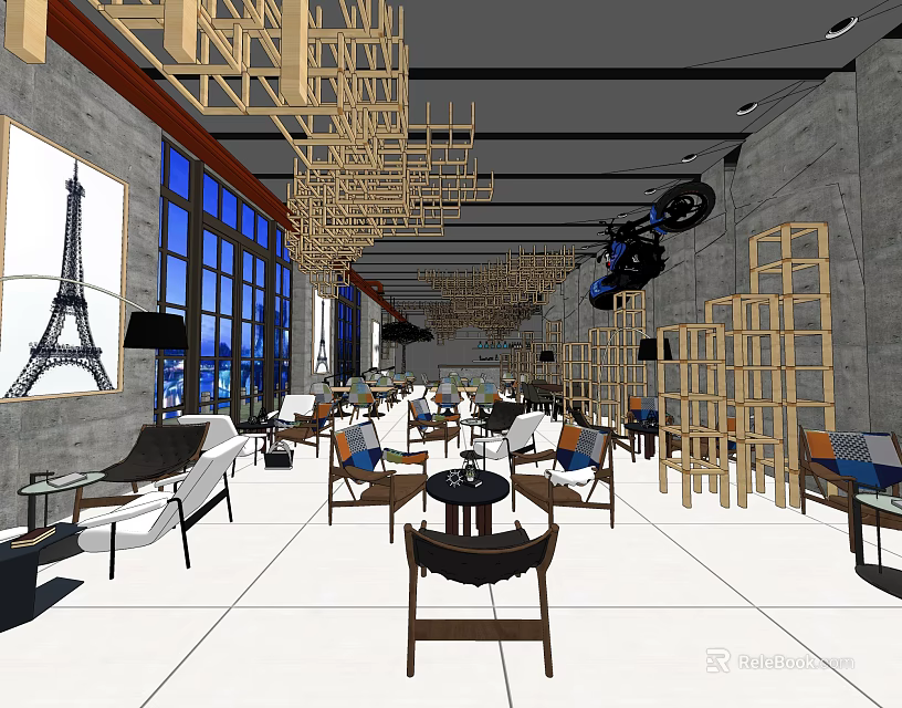 Modern Open Space Café With Large Windows Eiffel Tower Art Hanging Motorcycle And Wooden Structures 3d model 