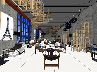 Modern Open Space Café With Large Windows Eiffel Tower Art Hanging Motorcycle And Wooden Structures 3d model