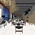 Modern Open Space Café With Large Windows Eiffel Tower Art Hanging Motorcycle And Wooden Structures