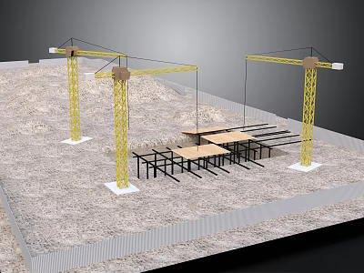 Construction Site With Yellow Tower Cranes And Steel Building Frame On Sandy Ground 3d model