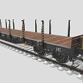 UIC Freight Train Flatbed Car Featuring Wooden Deck And Metal Stanchions On Railway Tracks