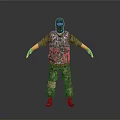 3D Character in Camouflage Uniform Black Balaclava Standing Arms Outstretched Gray Background 3d model