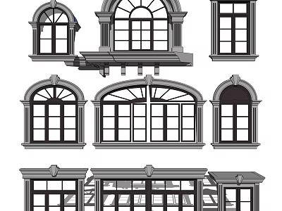 Various Architectural Window Designs With Arched Rectangular Frames And Decorative Details 3d model