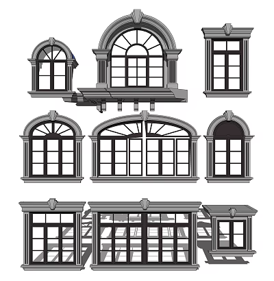 Various Architectural Window Designs With Arched Rectangular Frames And Decorative Details 3d model